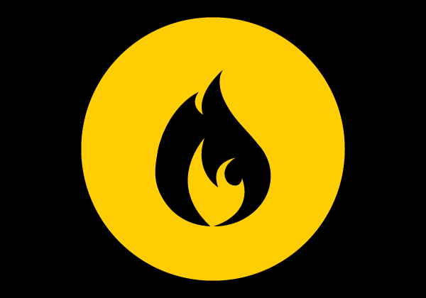 flame illustration in yellow circle black back