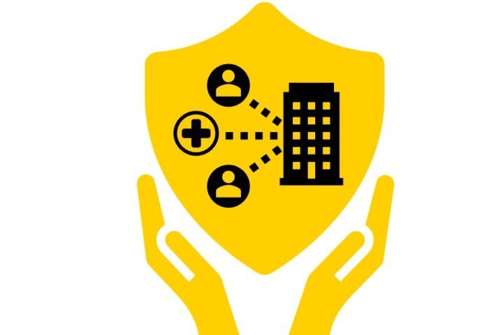 职业安全与职业安全双手和盾牌与工作大楼图标和员工和健康交叉标志.