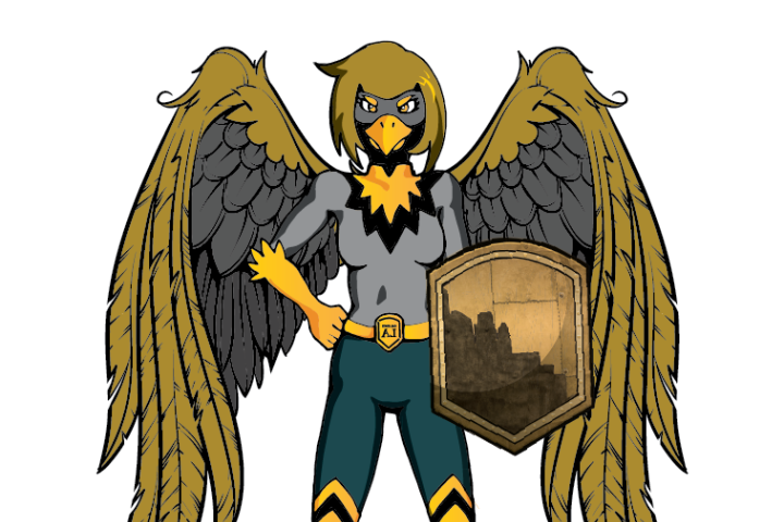 Winged superhero holding a shield.